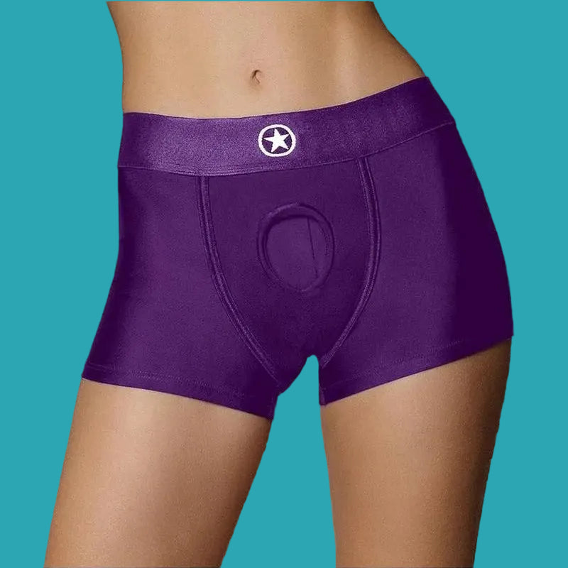 Vibrating Strap-On Boxer with Rechargeable Bullet Purple