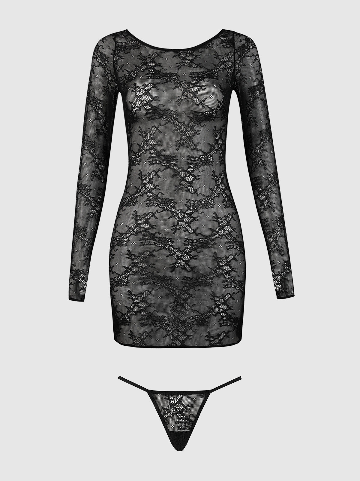 YVONE LACE LONG SLEEVE CHEMISE DRESS & G-STRING