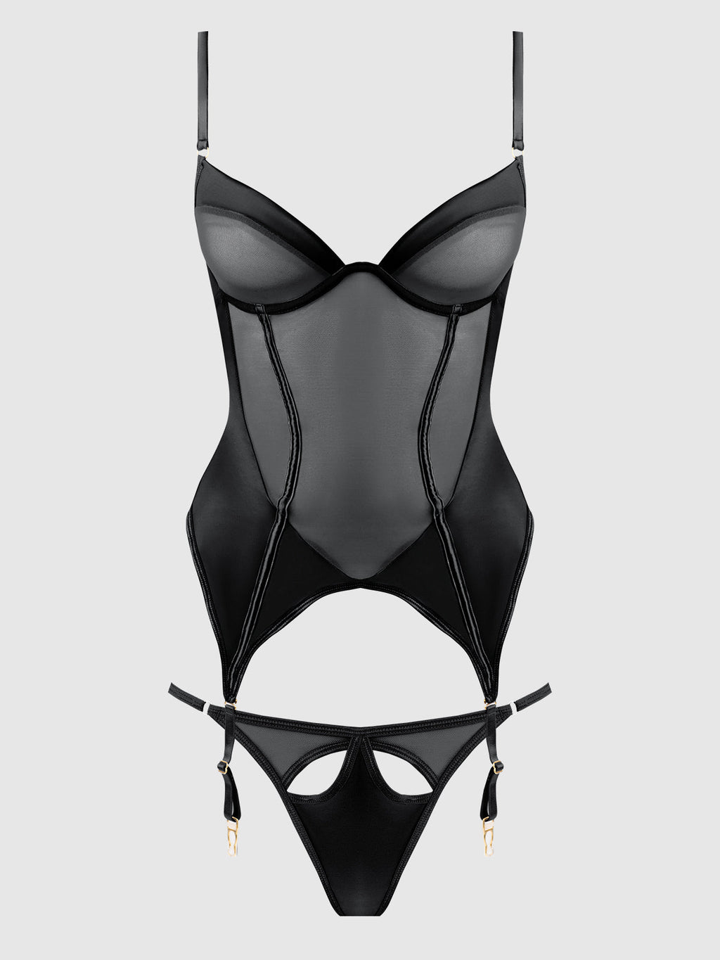 RAQUEL MESH & SILKY MICRO UNDERWIRE BUSTIER & BACKLESS TANGA SET