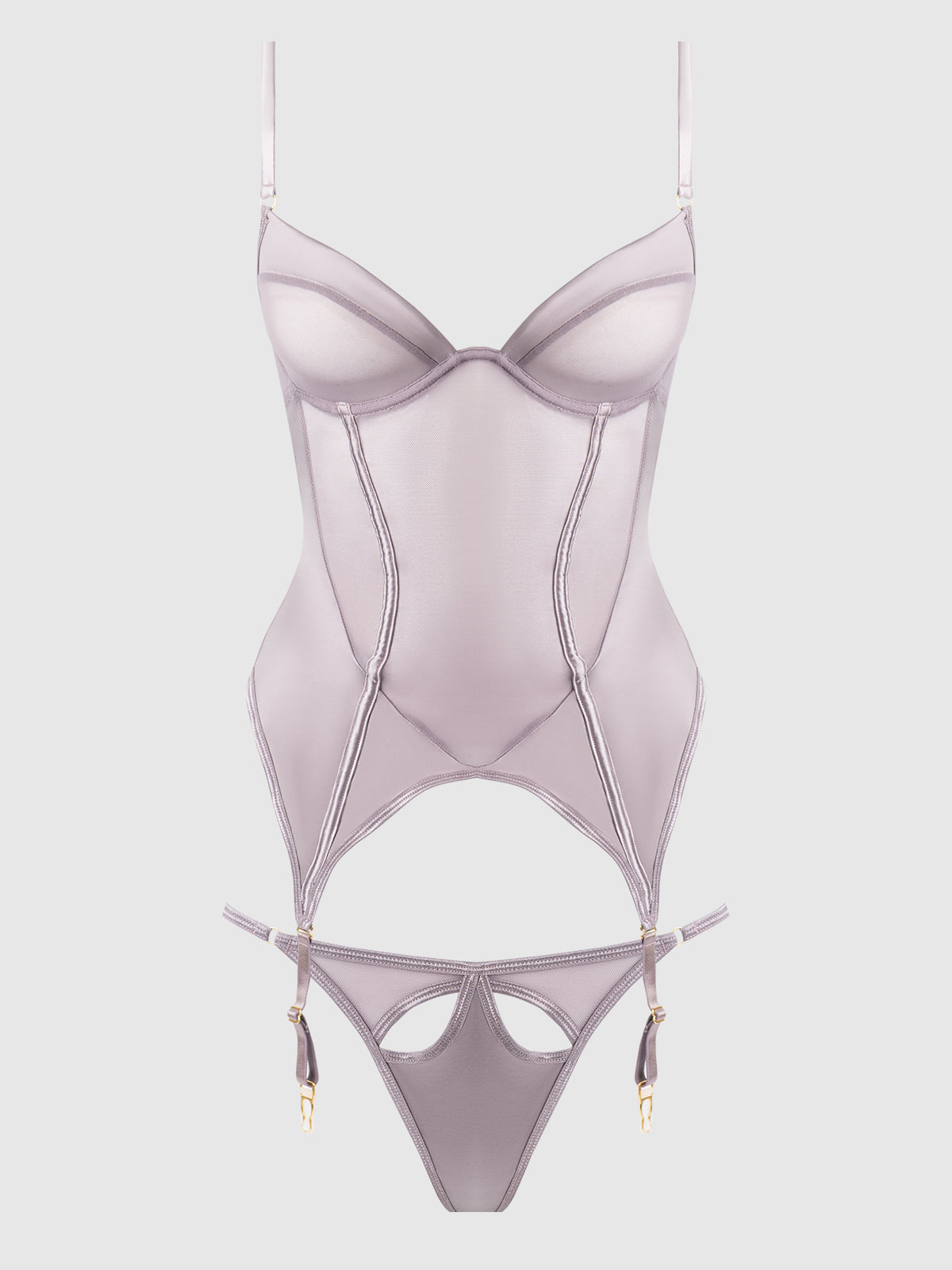 RAQUEL MESH & SILKY MICRO UNDERWIRE BUSTIER & BACKLESS TANGA SET