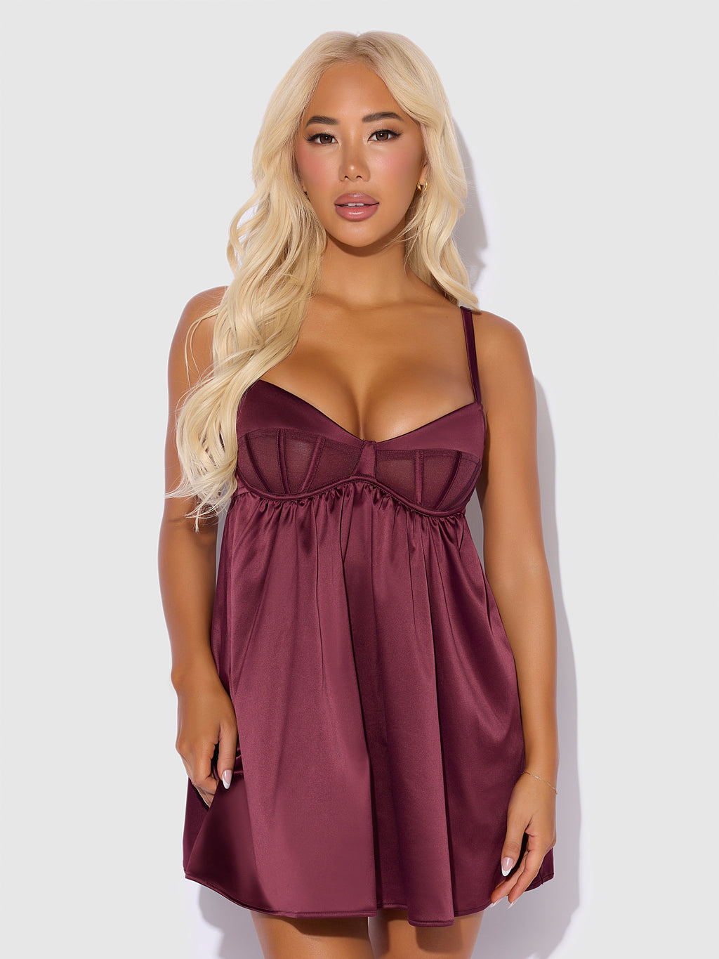 BRIGETA SATIN & MESH CORSETTED BABYDOLL & G-STRING SET