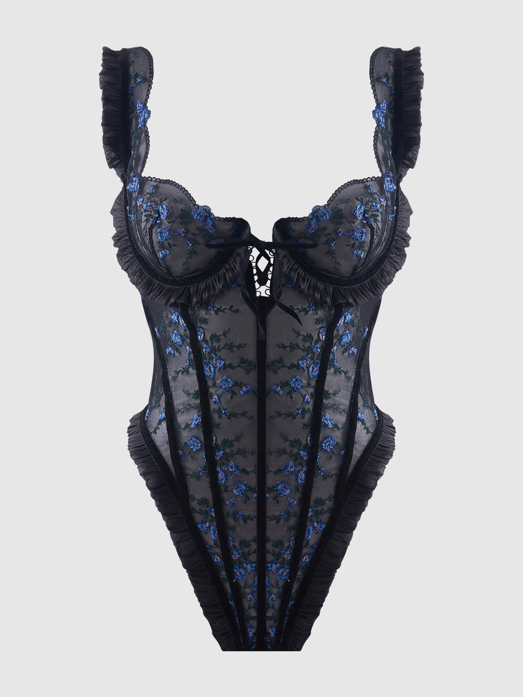 HARPER EMBROIDERED MESH & RUFFLE TEDDY