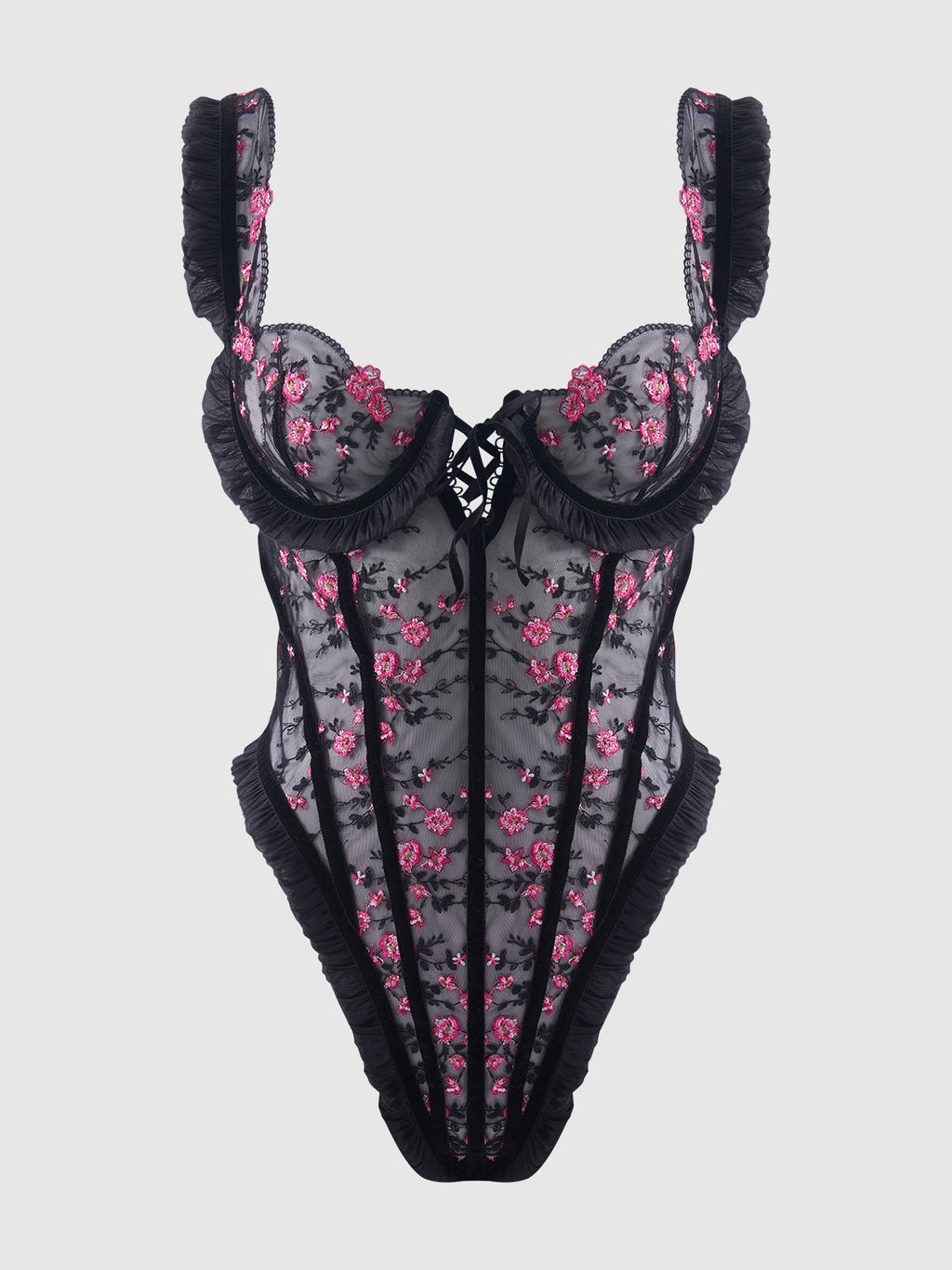 HARPER EMBROIDERED MESH & RUFFLE TEDDY