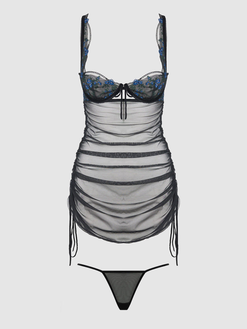 HARPER EMBROIDERED MESH SIDE CINCH CHEMISE & G-STRING SET