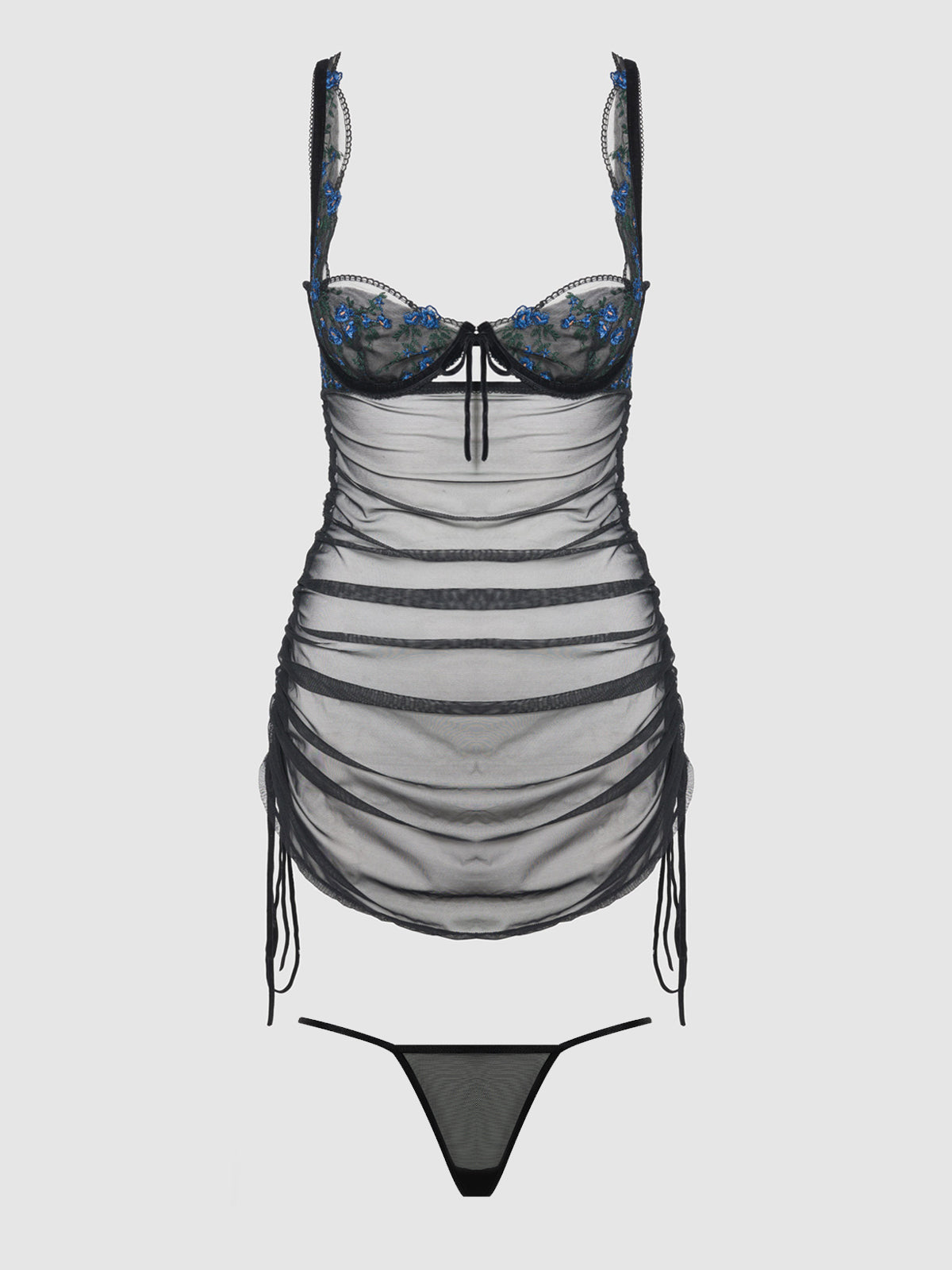 HARPER EMBROIDERED MESH SIDE CINCH CHEMISE & G-STRING SET