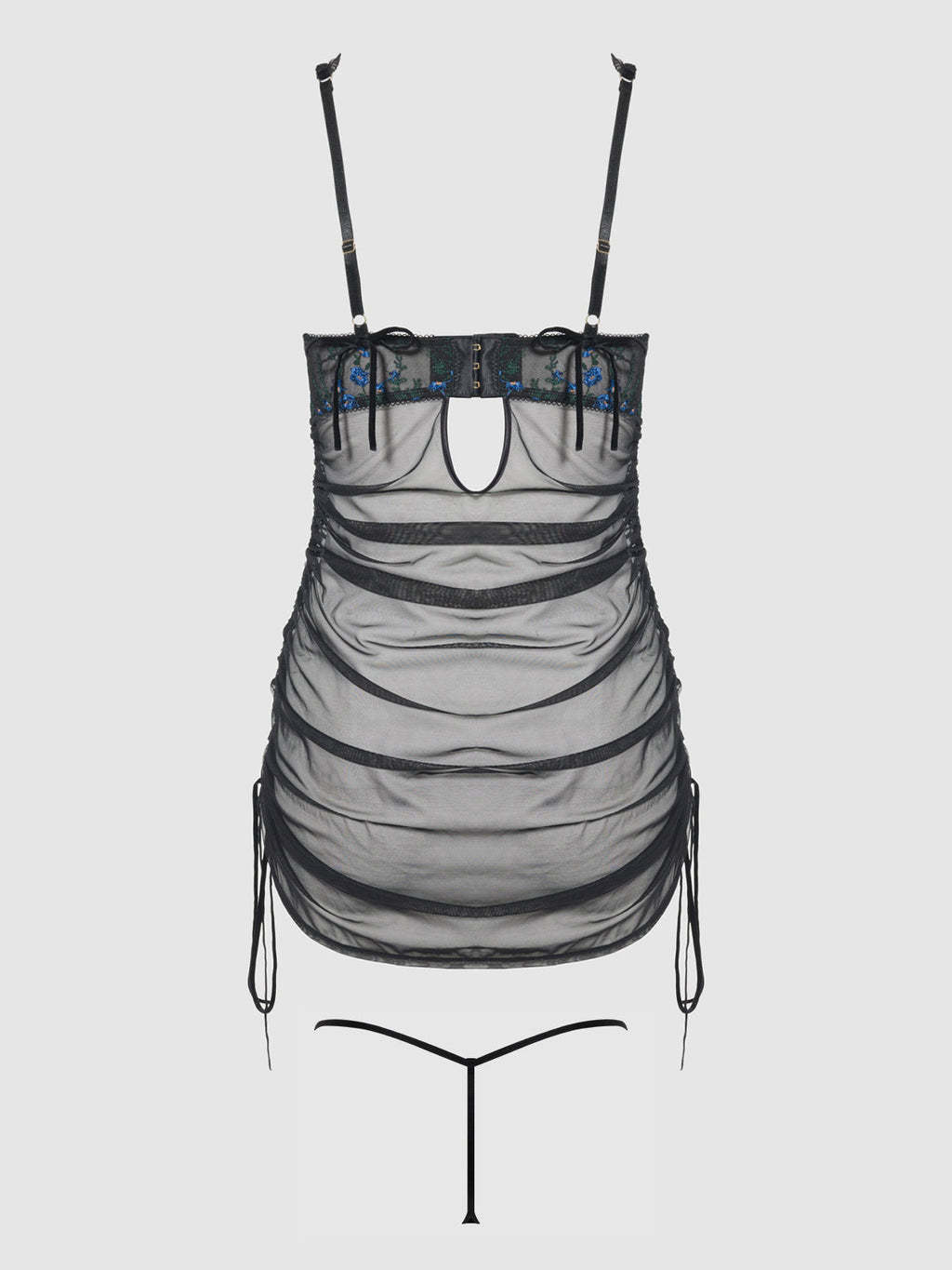 HARPER EMBROIDERED MESH SIDE CINCH CHEMISE & G-STRING SET