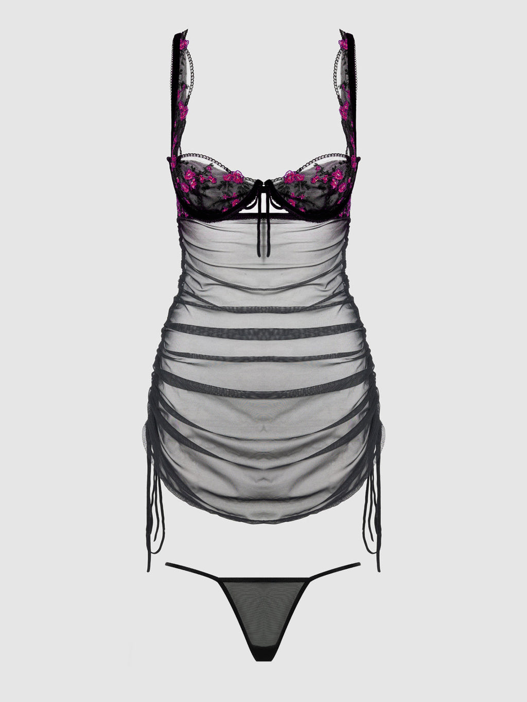 HARPER EMBROIDERED MESH SIDE CINCH CHEMISE & G-STRING SET