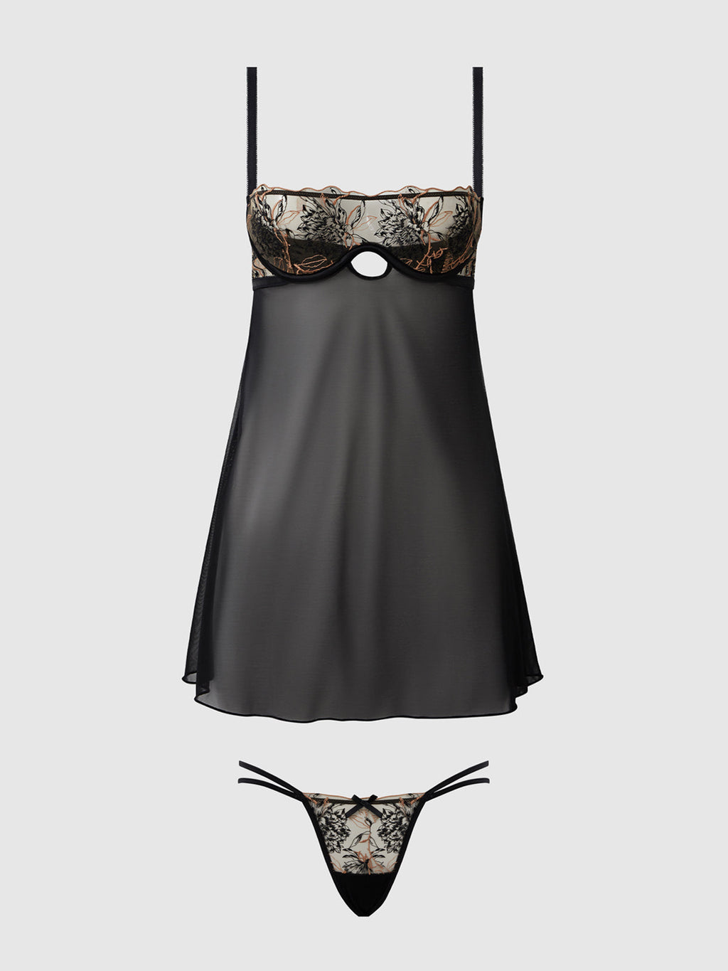 DELILAH EMBROIDERED & MESH MONOWIRE BABYDOLL SET